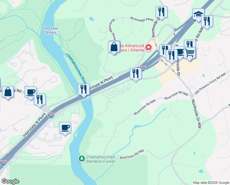 map of restaurants, bars, coffee shops, grocery stores, and more near 1114 River Vista Drive in Atlanta