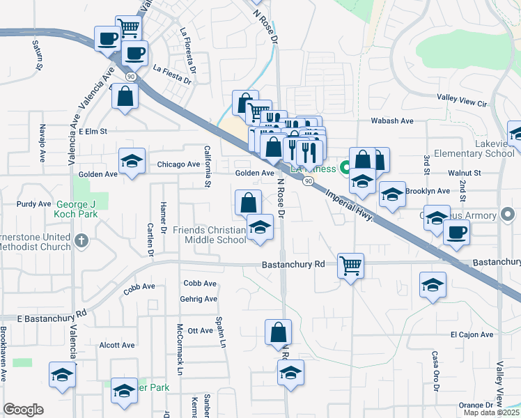 map of restaurants, bars, coffee shops, grocery stores, and more near 16651 Lathrop Drive in Yorba Linda