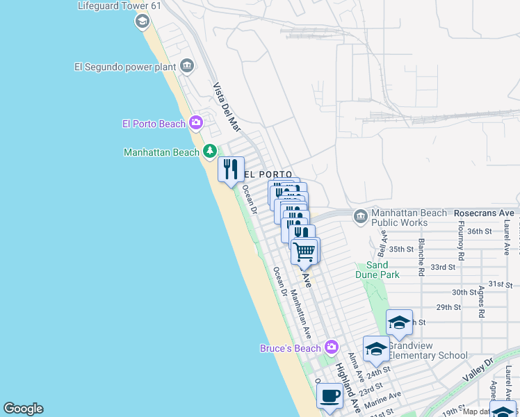 map of restaurants, bars, coffee shops, grocery stores, and more near 122 El Porto Street in Manhattan Beach