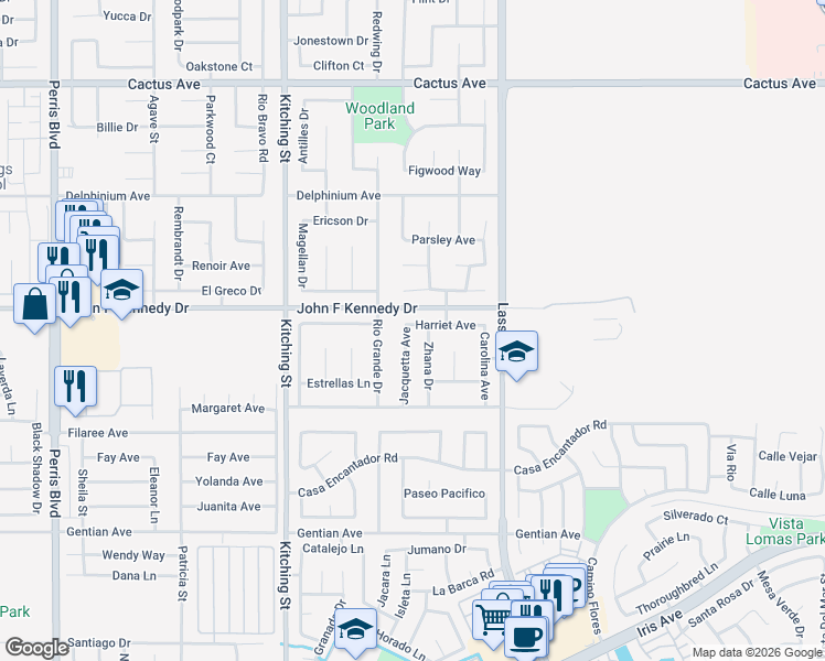 map of restaurants, bars, coffee shops, grocery stores, and more near 15091 Jacquetta Avenue in Moreno Valley