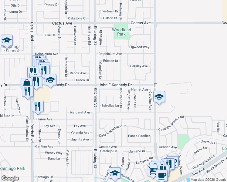 map of restaurants, bars, coffee shops, grocery stores, and more near 15098 Marte Circle in Moreno Valley