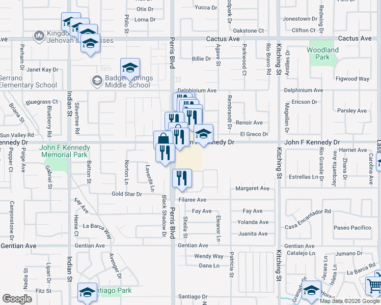 map of restaurants, bars, coffee shops, grocery stores, and more near 25105 John F Kennedy Drive in Moreno Valley