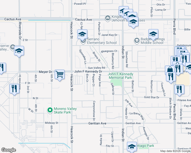 map of restaurants, bars, coffee shops, grocery stores, and more near 15115 Pepper Court in Moreno Valley