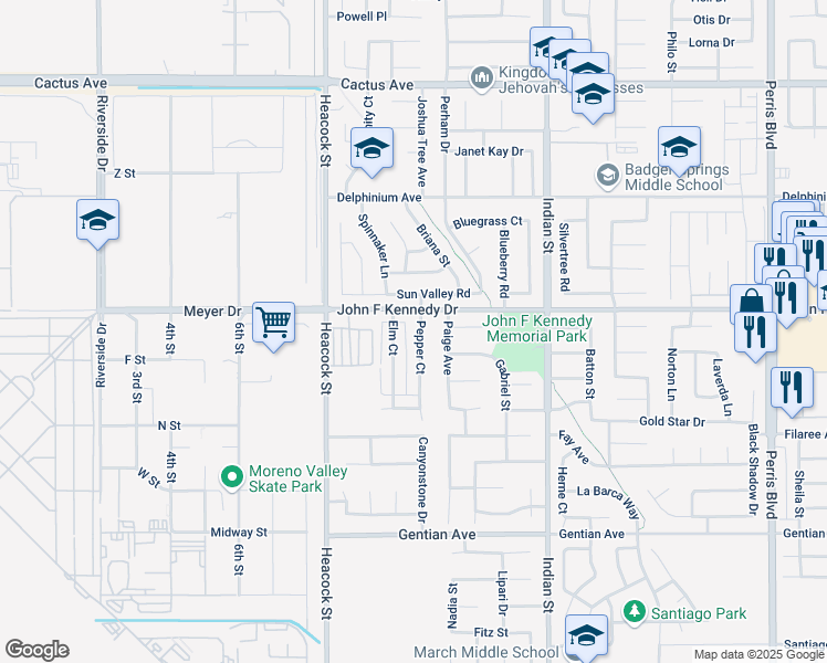 map of restaurants, bars, coffee shops, grocery stores, and more near 15115 Pepper Court in Moreno Valley