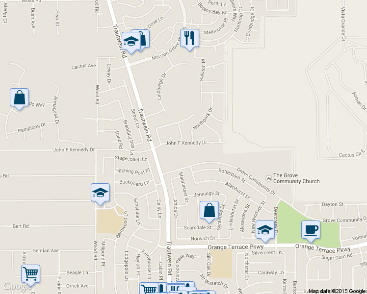map of restaurants, bars, coffee shops, grocery stores, and more near 8244 Arancino Court in Riverside