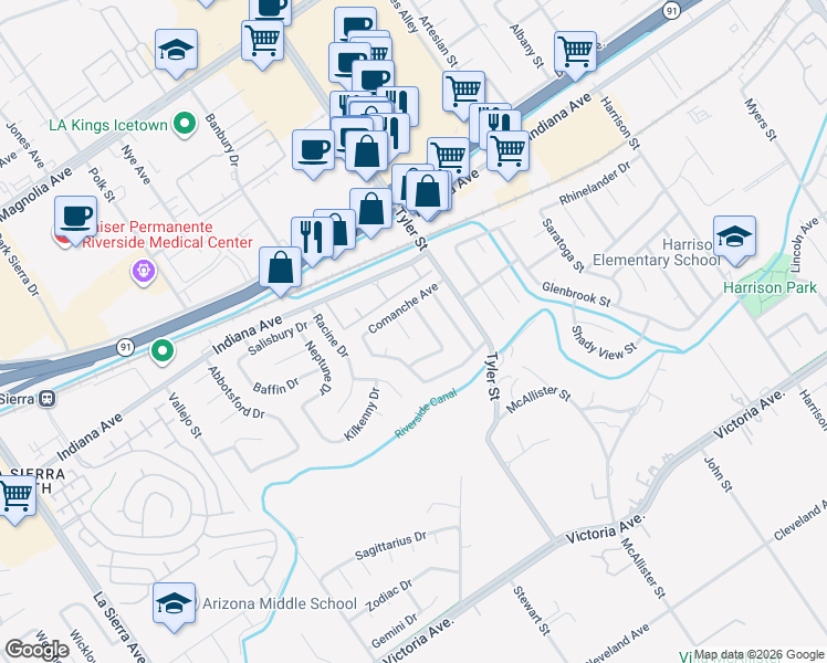 map of restaurants, bars, coffee shops, grocery stores, and more near 3212 Algonquin Ln in Riverside