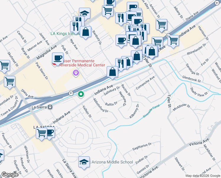 map of restaurants, bars, coffee shops, grocery stores, and more near 10636 Salisbury Drive in Riverside
