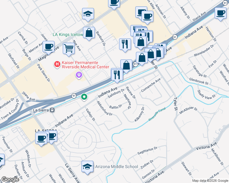 map of restaurants, bars, coffee shops, grocery stores, and more near 10636 Salisbury Drive in Riverside