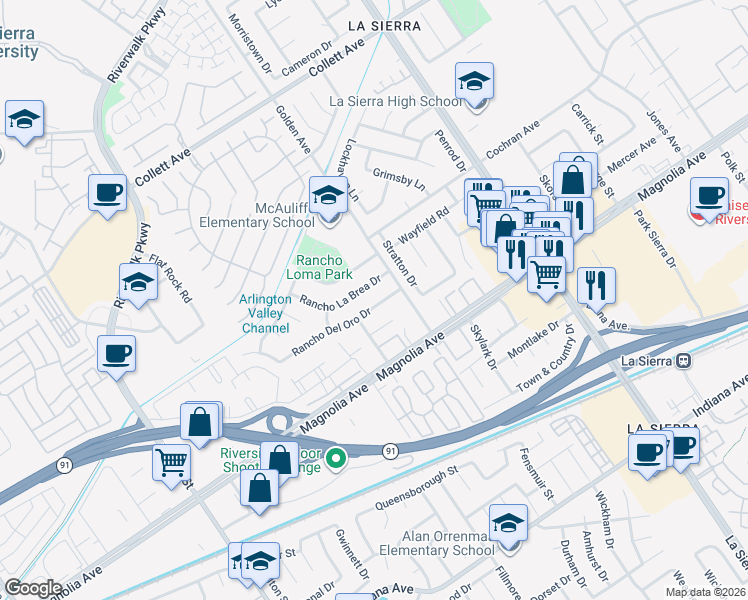 map of restaurants, bars, coffee shops, grocery stores, and more near 11337 Rancho Carlotta Court in Riverside