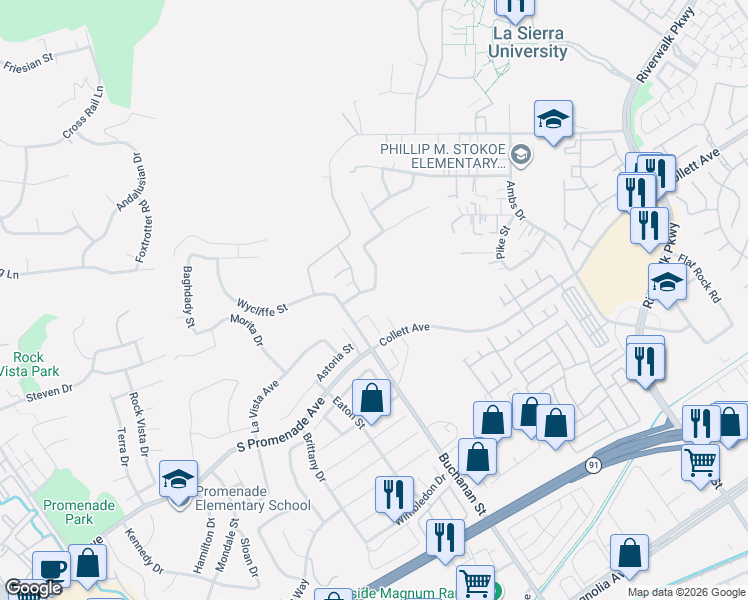 map of restaurants, bars, coffee shops, grocery stores, and more near 4267 Carnegie Court in Riverside