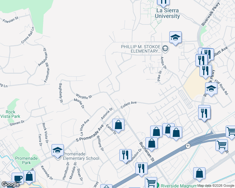 map of restaurants, bars, coffee shops, grocery stores, and more near 12235 Colville Lane in Riverside