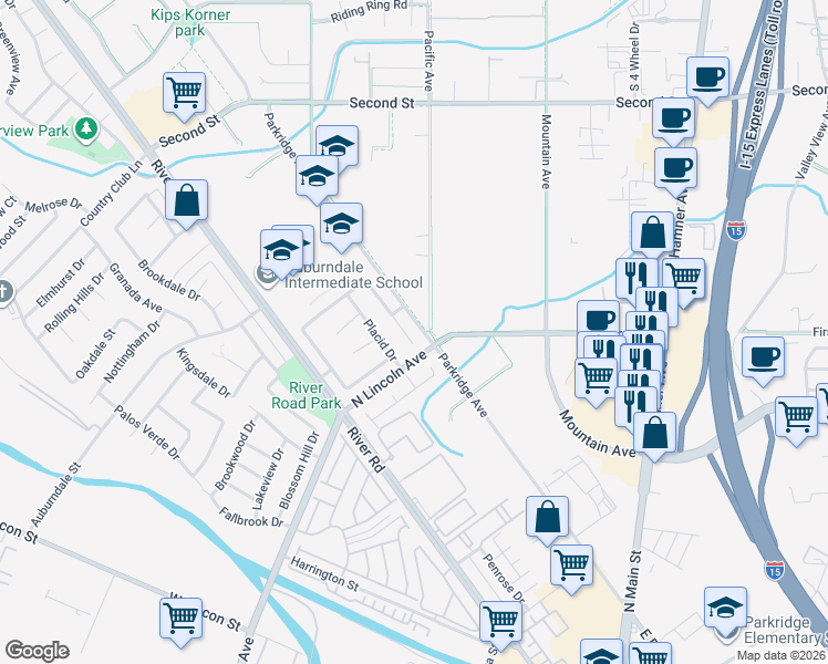 map of restaurants, bars, coffee shops, grocery stores, and more near 1033 Gentle Circle in Corona
