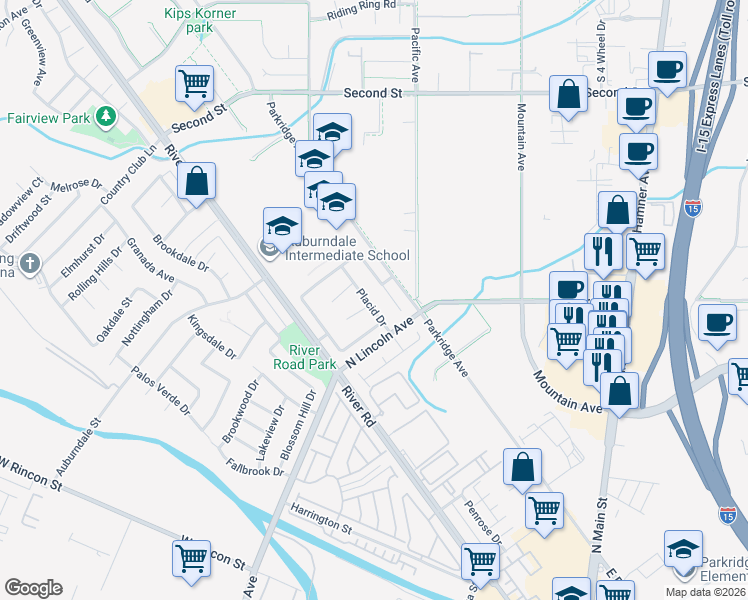 map of restaurants, bars, coffee shops, grocery stores, and more near 1075 Placid Drive in Corona