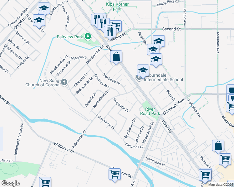 map of restaurants, bars, coffee shops, grocery stores, and more near 1291 Kingsdale Drive in Corona