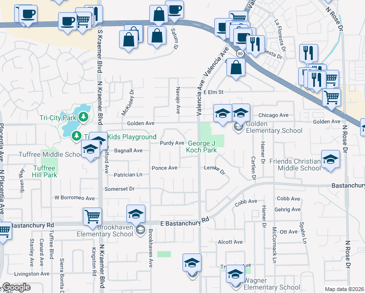 map of restaurants, bars, coffee shops, grocery stores, and more near 2140 Shelley Street in Placentia