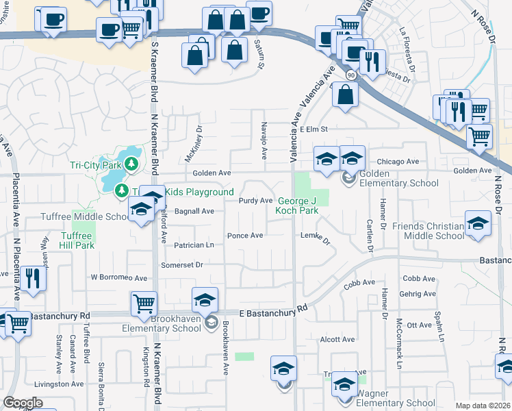 map of restaurants, bars, coffee shops, grocery stores, and more near 2137 Tynes Drive in Placentia