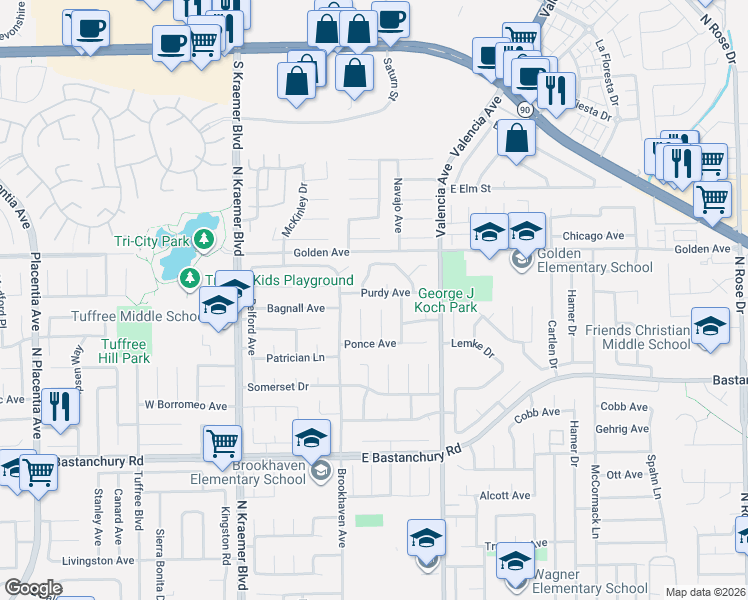 map of restaurants, bars, coffee shops, grocery stores, and more near 2137 Tynes Drive in Placentia