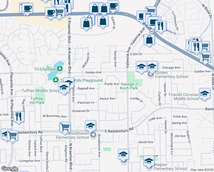 map of restaurants, bars, coffee shops, grocery stores, and more near 2137 Tynes Drive in Placentia
