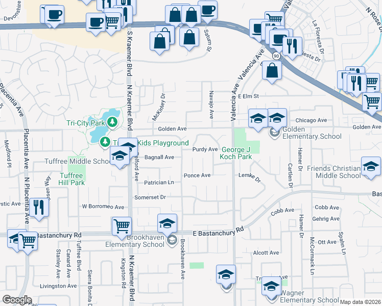 map of restaurants, bars, coffee shops, grocery stores, and more near 2137 Tynes Drive in Placentia