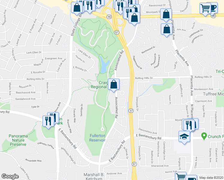 map of restaurants, bars, coffee shops, grocery stores, and more near 2812 Park Vista Court in Fullerton