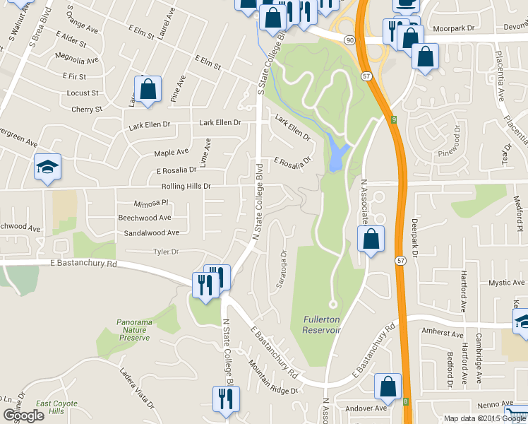 map of restaurants, bars, coffee shops, grocery stores, and more near 2651 Tuscany Way in Fullerton