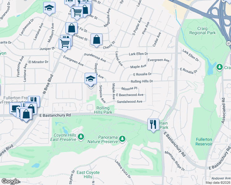 map of restaurants, bars, coffee shops, grocery stores, and more near 1540 Beechwood Avenue in Fullerton
