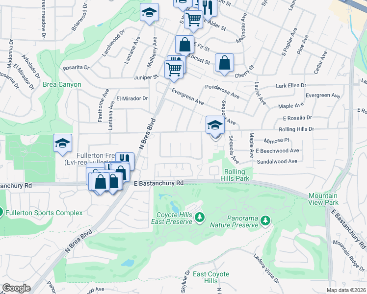 map of restaurants, bars, coffee shops, grocery stores, and more near 2800 Hemlock Place in Fullerton
