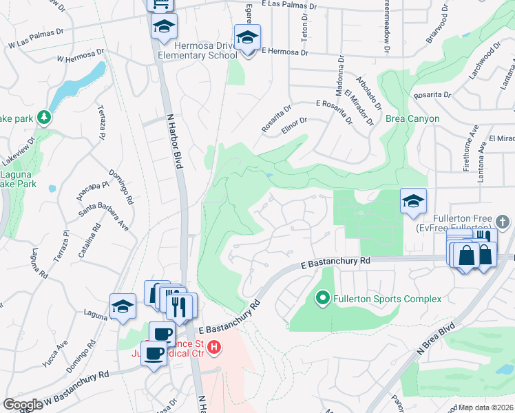 map of restaurants, bars, coffee shops, grocery stores, and more near 445 Pinehurst Court in Fullerton