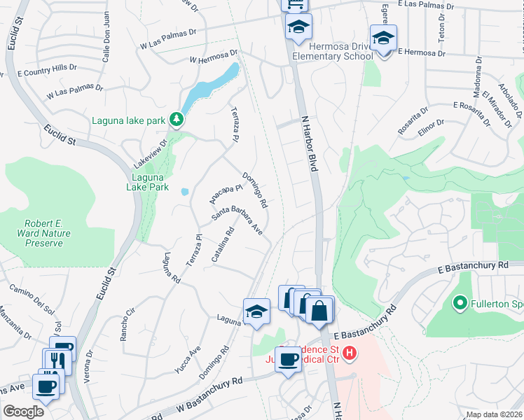 map of restaurants, bars, coffee shops, grocery stores, and more near 543 Santa Barbara Avenue in Fullerton