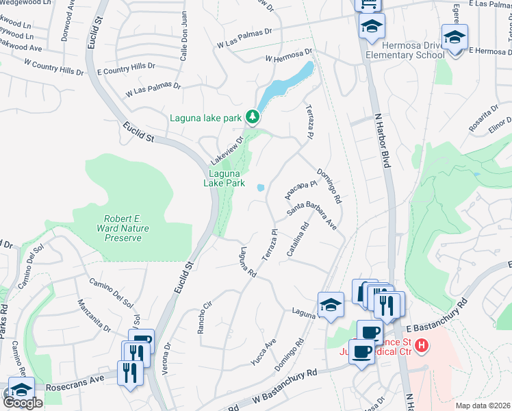 map of restaurants, bars, coffee shops, grocery stores, and more near 2725 Terraza Place in Fullerton