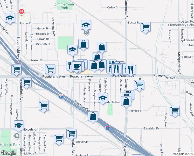 map of restaurants, bars, coffee shops, grocery stores, and more near 13133 Liggett Street in Norwalk