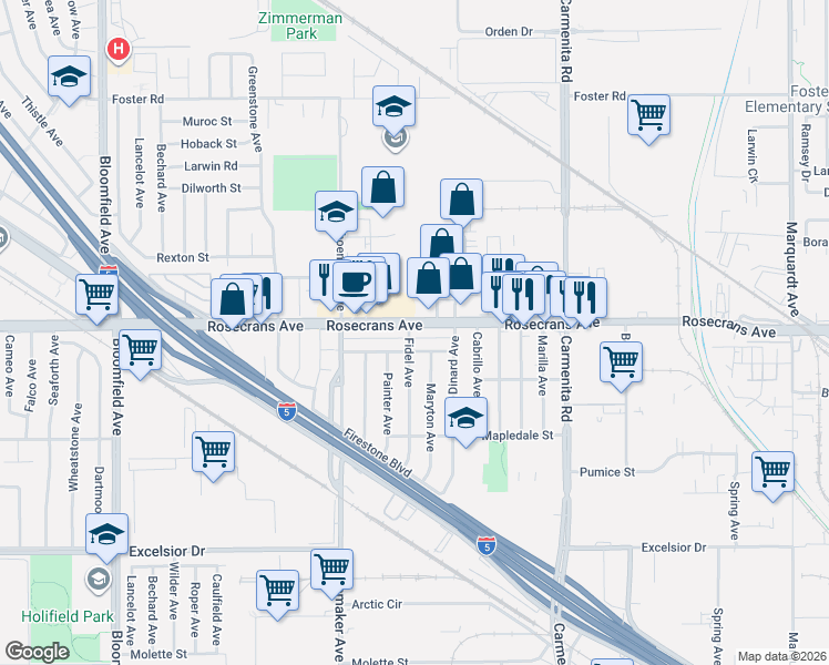 map of restaurants, bars, coffee shops, grocery stores, and more near 13069 Liggett Street in Norwalk