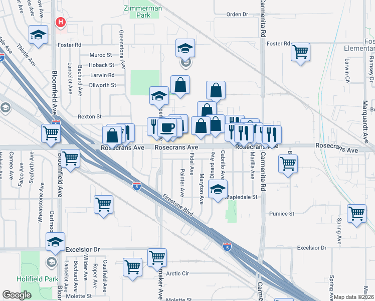 map of restaurants, bars, coffee shops, grocery stores, and more near 13069 Liggett Street in Norwalk
