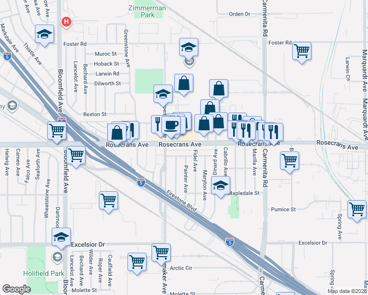 map of restaurants, bars, coffee shops, grocery stores, and more near 13069 Liggett Street in Norwalk