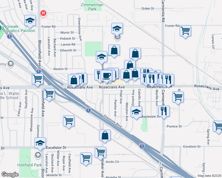 map of restaurants, bars, coffee shops, grocery stores, and more near 13023 Liggett Street in Norwalk