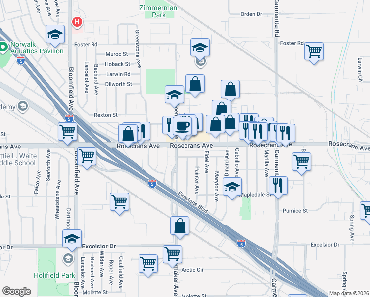map of restaurants, bars, coffee shops, grocery stores, and more near 13023 Liggett Street in Norwalk