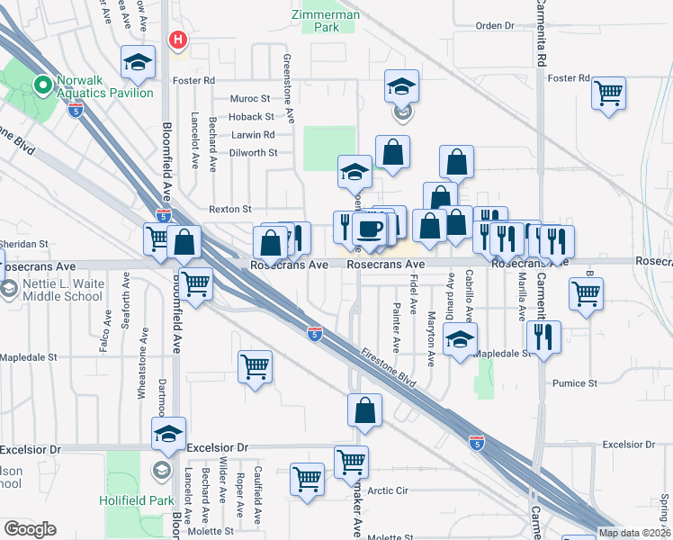 map of restaurants, bars, coffee shops, grocery stores, and more near 12952 Liggett Street in Norwalk