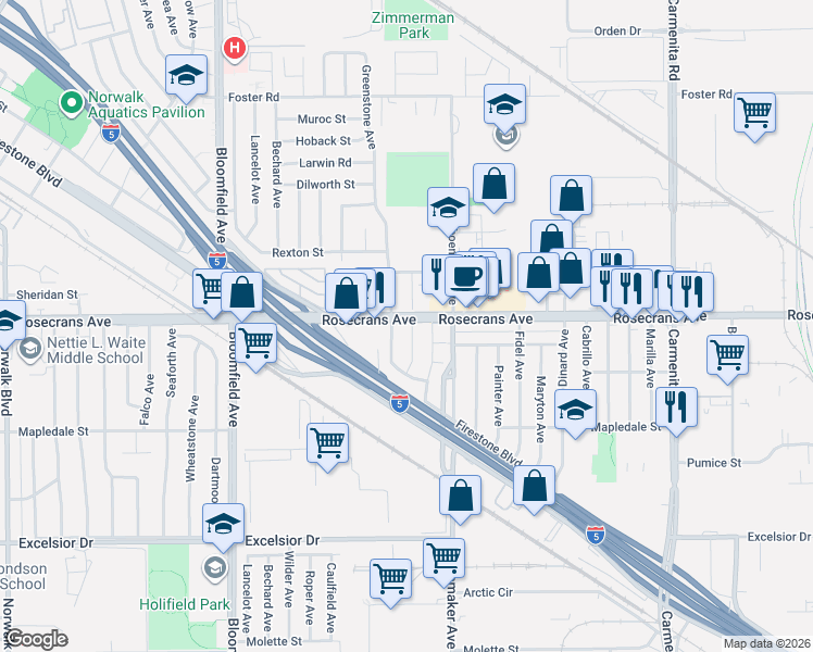 map of restaurants, bars, coffee shops, grocery stores, and more near 14324 Greenstone Avenue in Norwalk