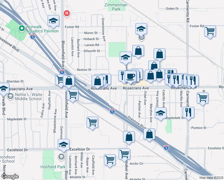 map of restaurants, bars, coffee shops, grocery stores, and more near 14324 Greenstone Avenue in Norwalk