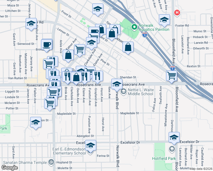 map of restaurants, bars, coffee shops, grocery stores, and more near 14322 Ibex Avenue in Norwalk