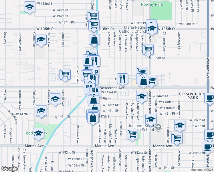 map of restaurants, bars, coffee shops, grocery stores, and more near 2807 West 143rd Place in Gardena