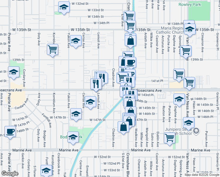 map of restaurants, bars, coffee shops, grocery stores, and more near 14311 Chadron Avenue in Hawthorne