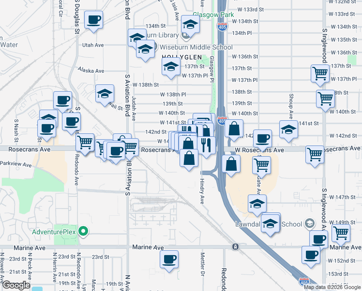 map of restaurants, bars, coffee shops, grocery stores, and more near 14326 South Isis Avenue in Hawthorne