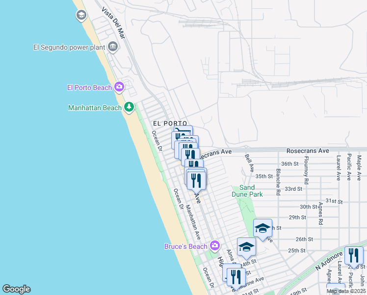 map of restaurants, bars, coffee shops, grocery stores, and more near 3770 Highland Avenue in Manhattan Beach