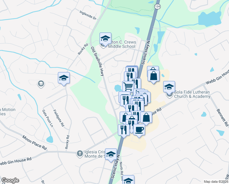 map of restaurants, bars, coffee shops, grocery stores, and more near 1494 Leisure Lake Lane in Lawrenceville