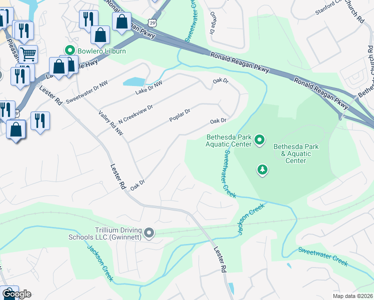 map of restaurants, bars, coffee shops, grocery stores, and more near 3571 Forest Glen Trail in Lawrenceville