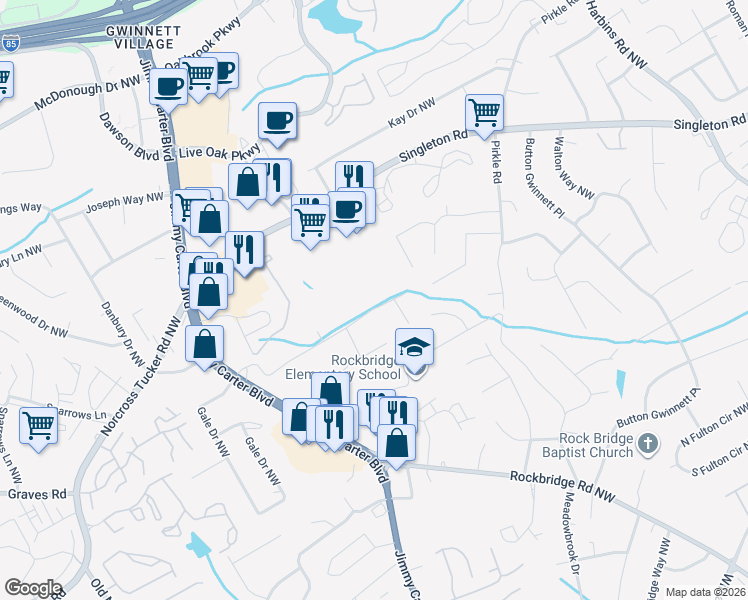 map of restaurants, bars, coffee shops, grocery stores, and more near 6037 Tracy Valley Drive Northwest in Norcross