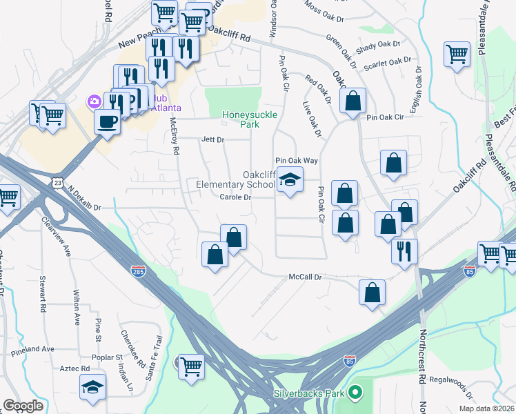 map of restaurants, bars, coffee shops, grocery stores, and more near 3745 Maryland Drive in Doraville