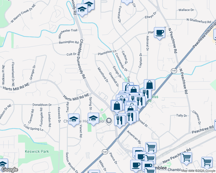 map of restaurants, bars, coffee shops, grocery stores, and more near 3734 Montford Drive in Chamblee