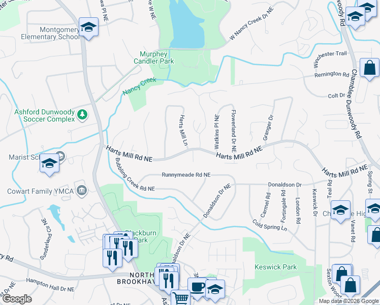 map of restaurants, bars, coffee shops, grocery stores, and more near 3737 Ashford Point in Atlanta